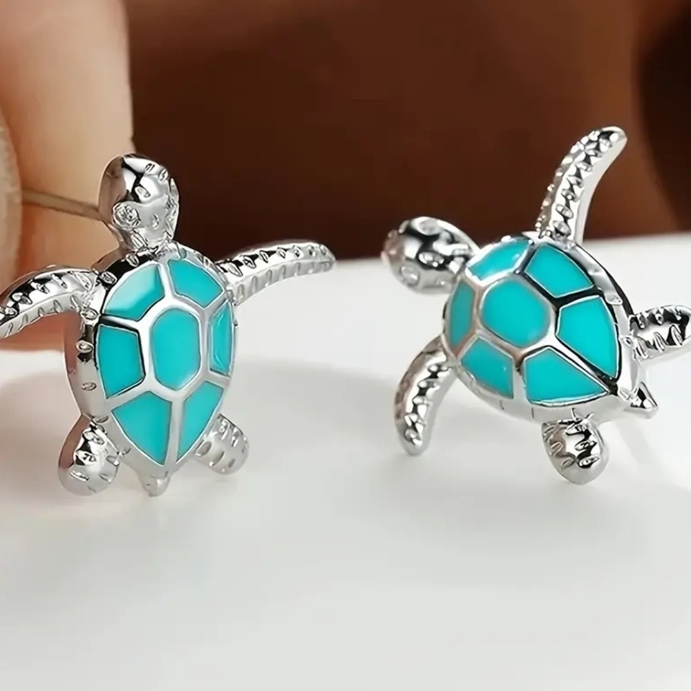 Silver Turtle Stud Earrings with Turquoise Inlay - Picture 3 of 5